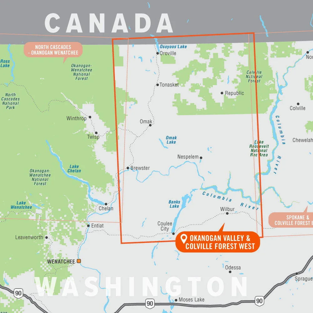 Map of Okanogan Valley and Colville Forest West in Washington State near Canada border