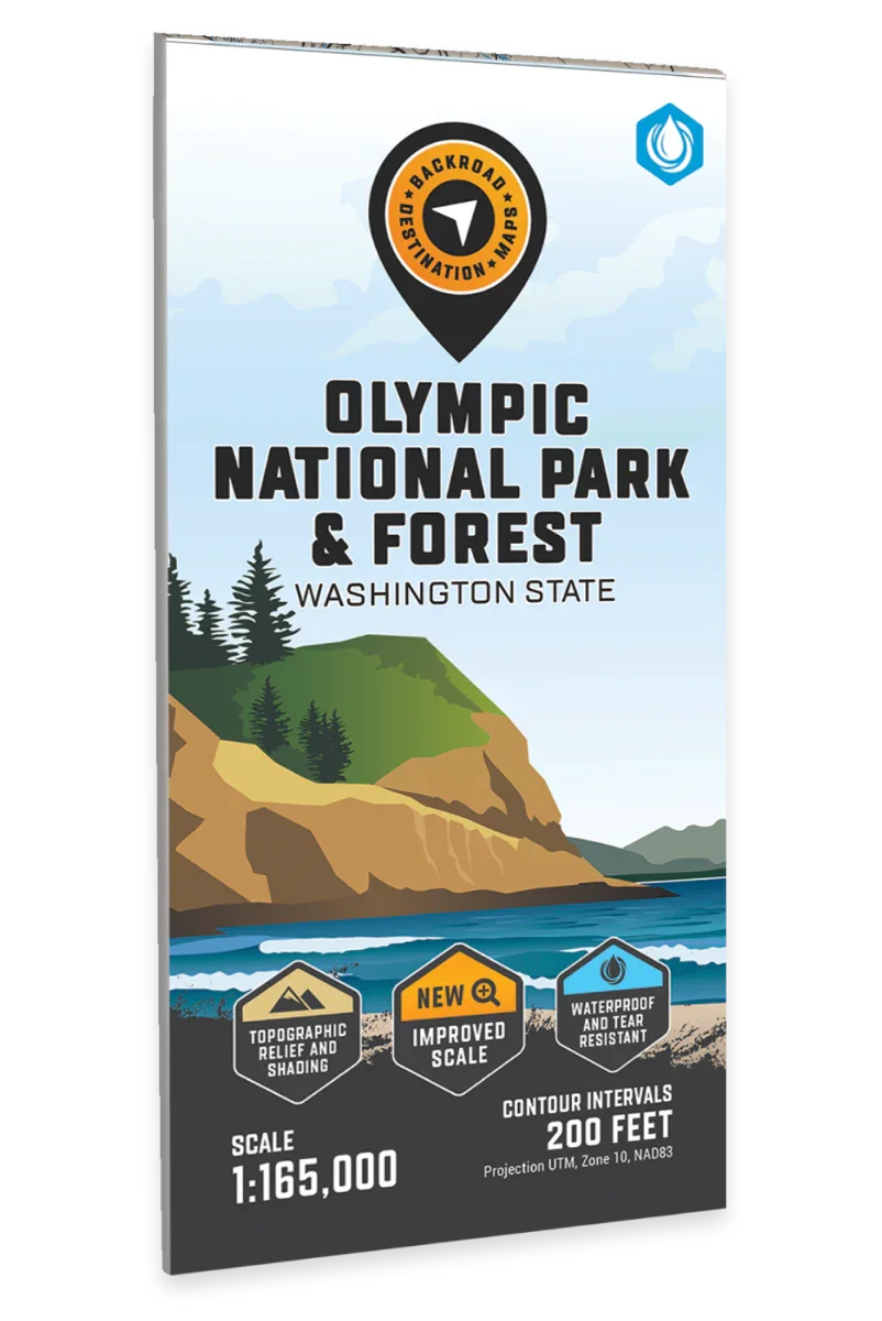 Olympic National Park map cover with coastal cliffs, ocean, forest, and map features.