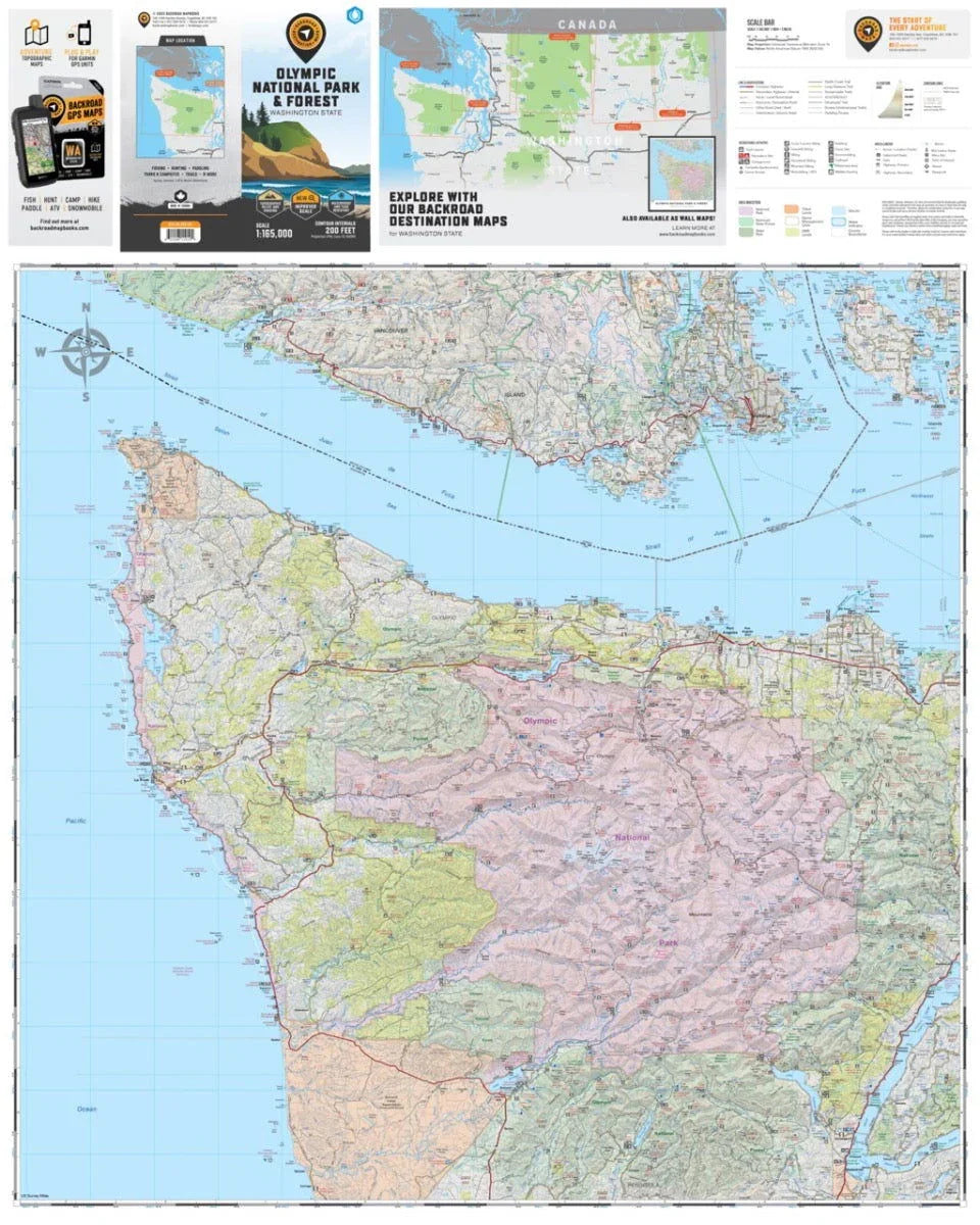 Olympic National Park and Forest Washington map with detailed topography and hiking trails