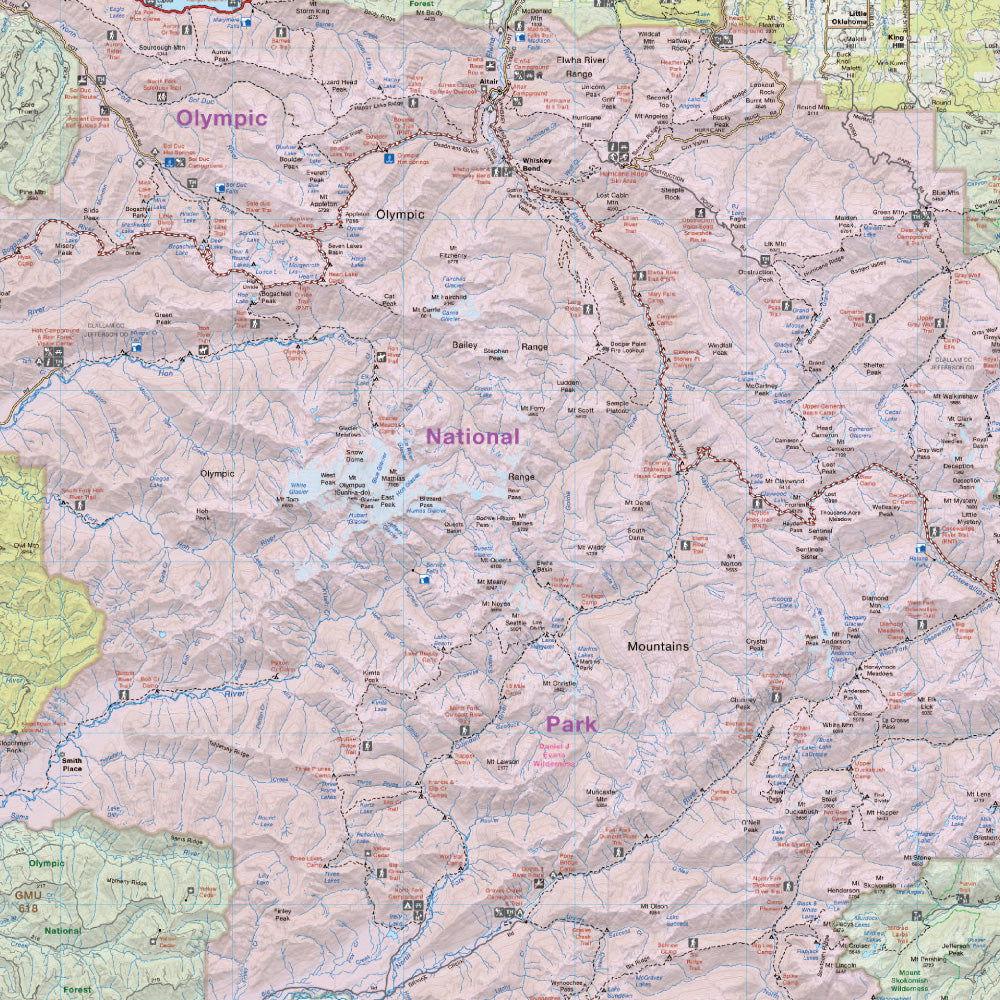 Olympic National Park map with trails, rivers, and topography, Washington State