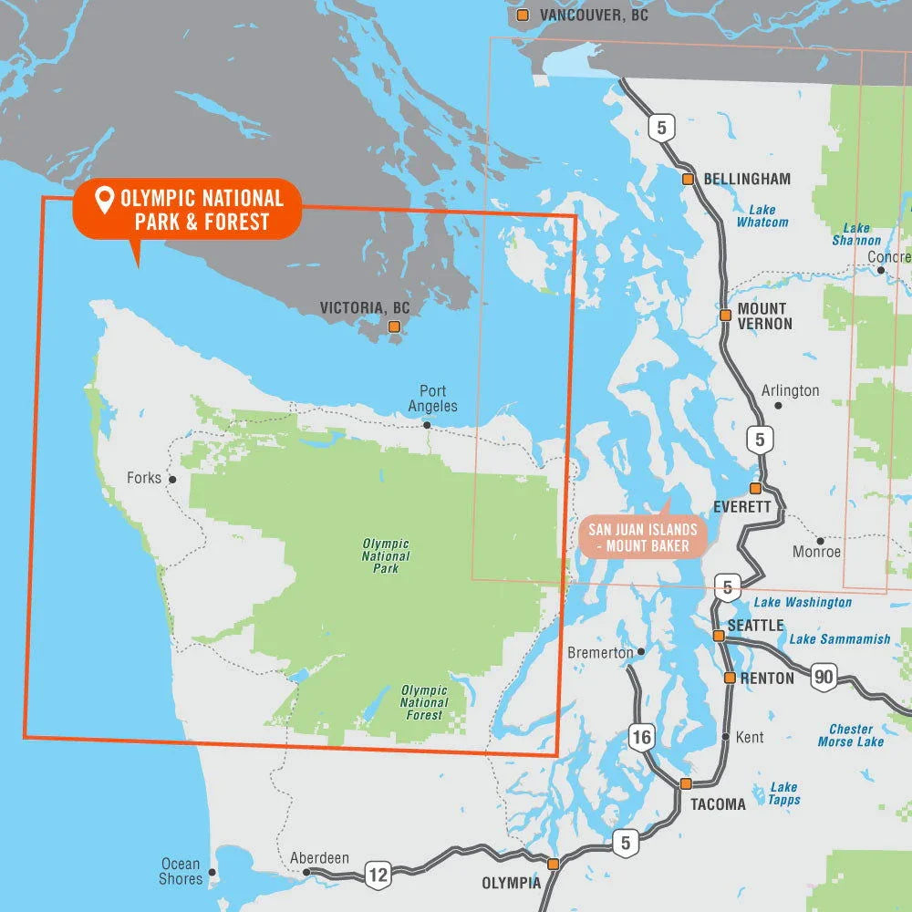 Map of Olympic National Park and Forest in Washington State with nearby cities marked.