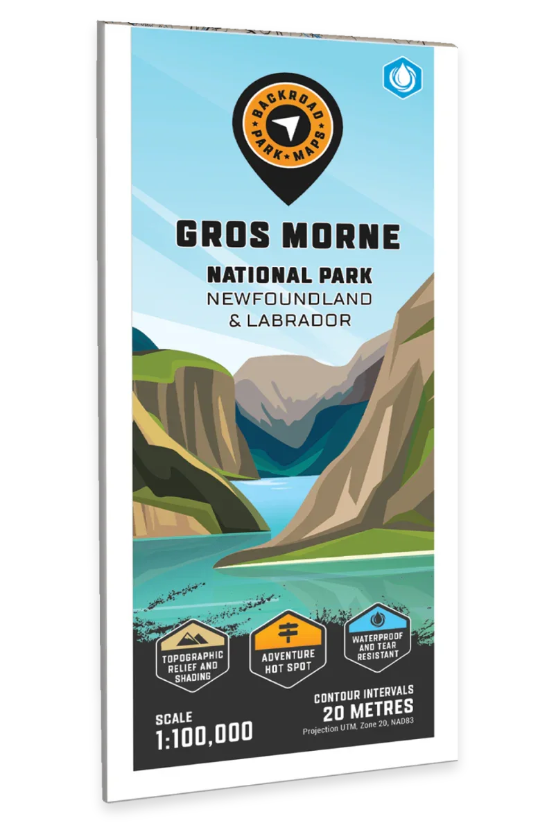 Gros Morne National Park map cover with illustrated mountains, river, and park features.