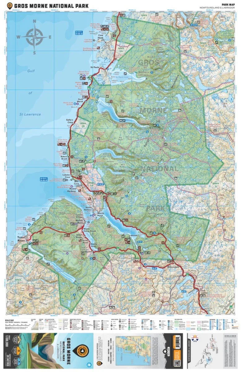 Gros Morne National Park map showing trails, lakes, routes, and key landmarks in Newfoundland.