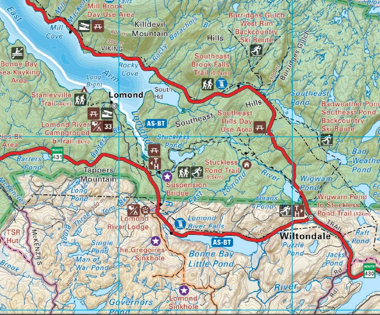 Gros Morne National Park map showing trails, campgrounds, and recreation areas in Newfoundland.