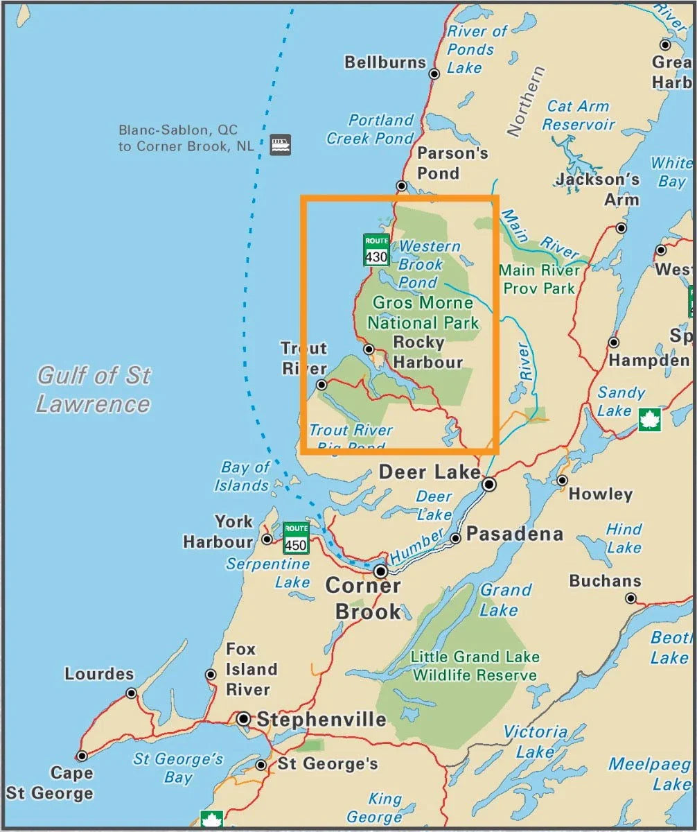 Map of Gros Morne National Park, Newfoundland, showing major parks and highways