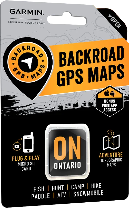 Garmin Ontario Backroad GPS Maps package with micro SD card, topographic map features, and outdoor activity icons.