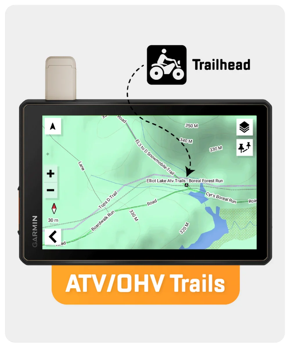 Garmin GPS displaying Ontario ATV OHV trail map with trailhead icon and labeled routes