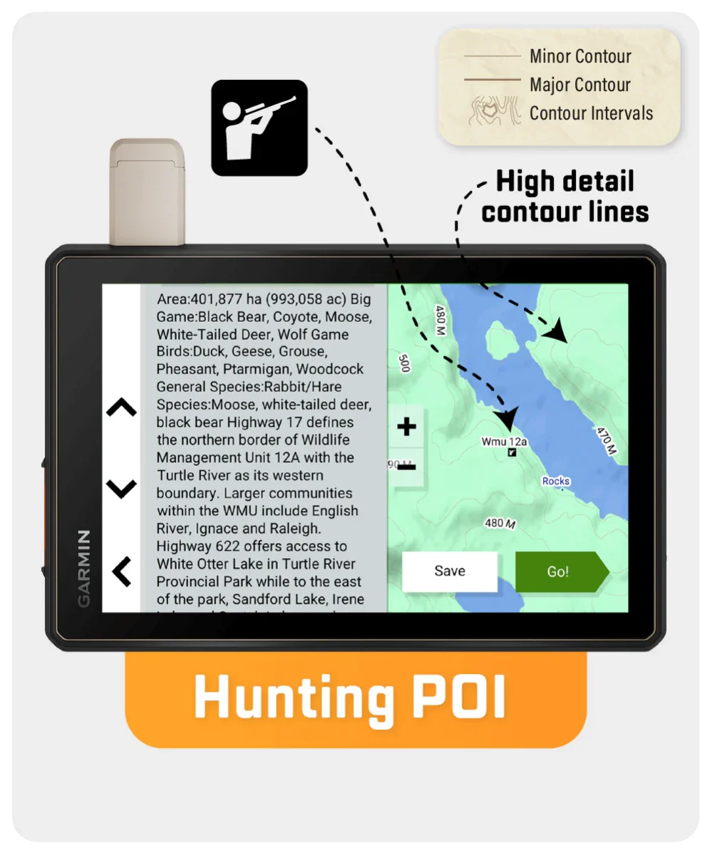Garmin GPS displaying Ontario hunting POI map with contour lines and wildlife info.