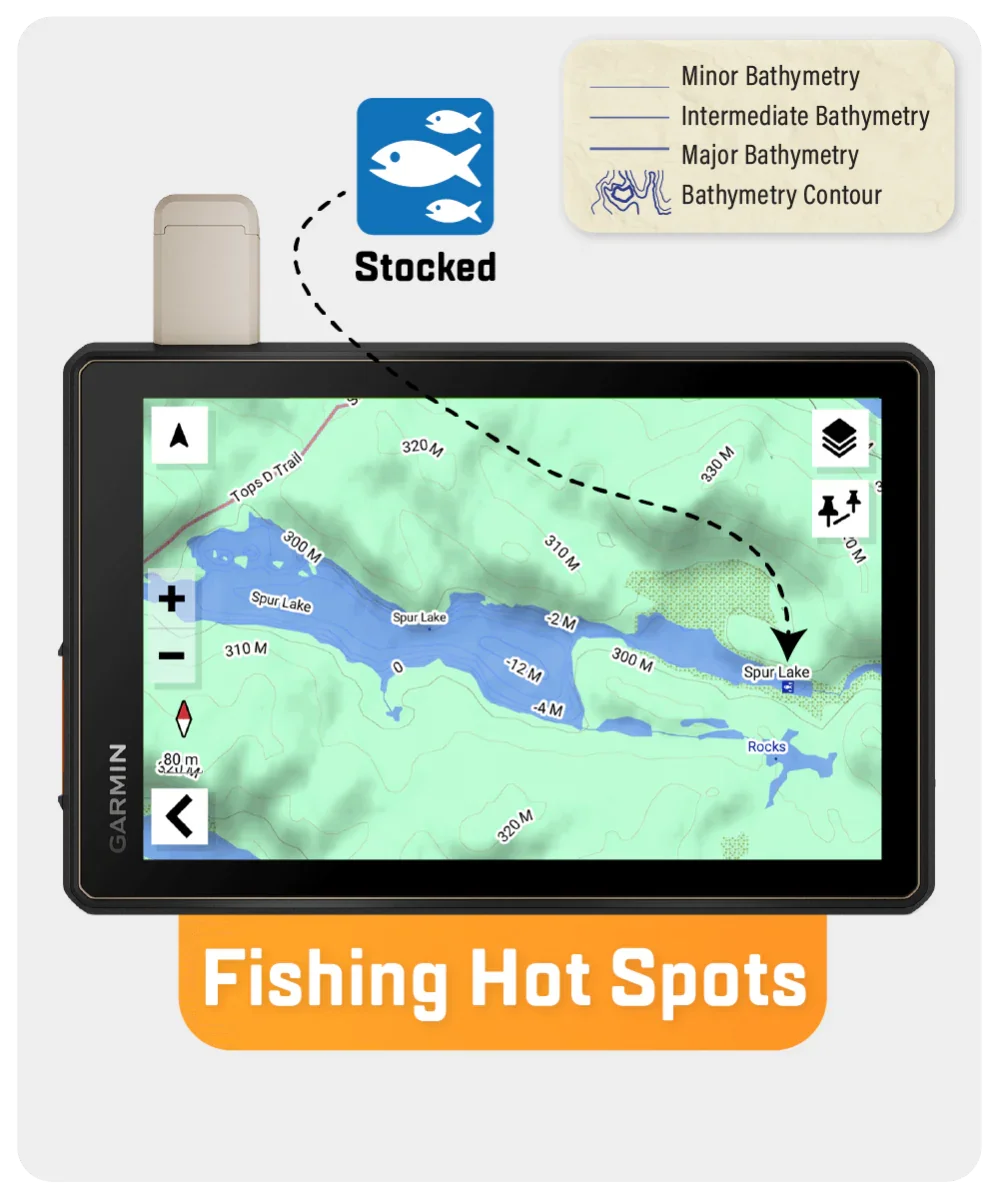 Garmin GPS displaying Ontario lake fishing hot spots map with bathymetry and stocked fish icon