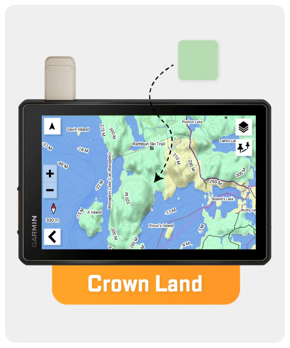 Garmin GPS device displaying Ontario backroad and crown land map