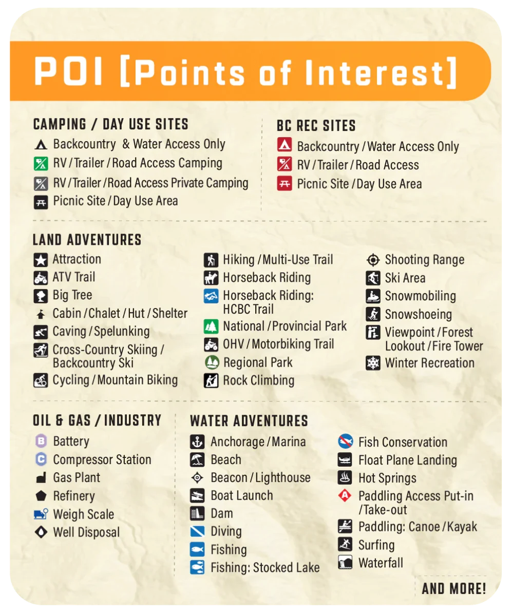 Ontario GPS maps points of interest legend with camping, land, water, and industry symbols.