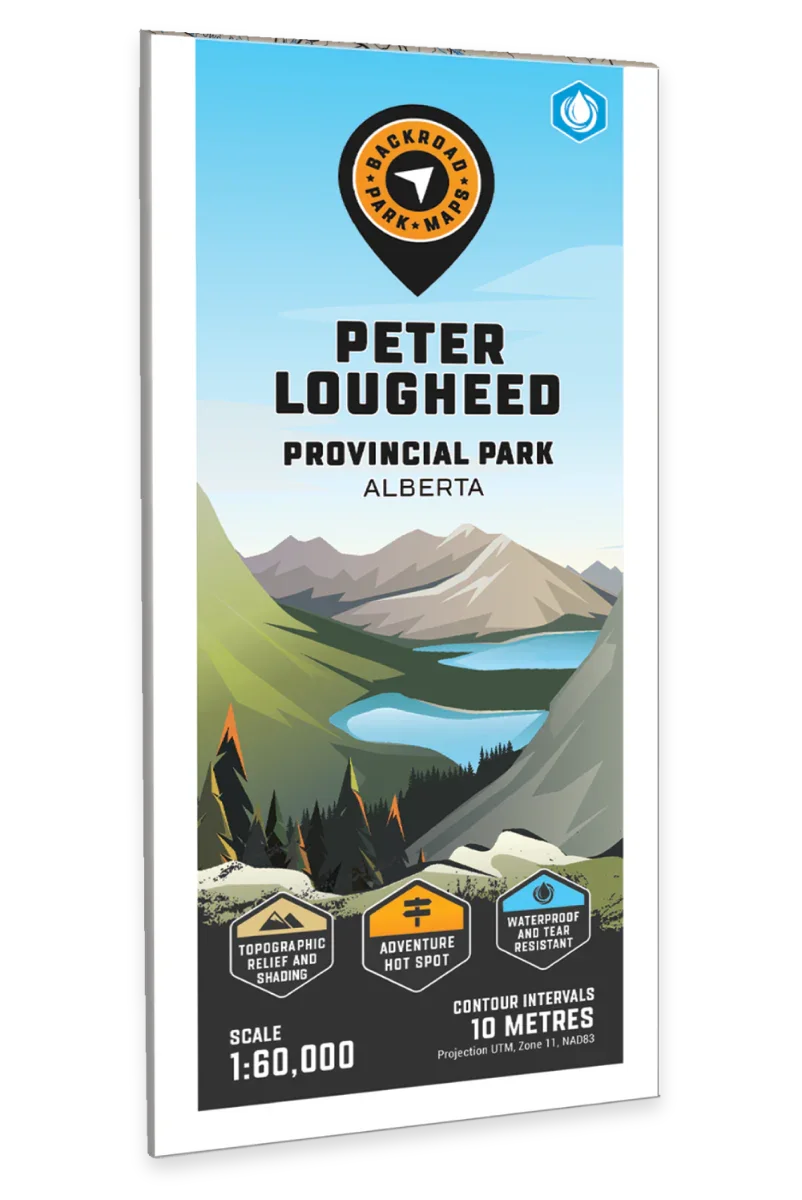 Peter Lougheed Provincial Park Alberta map cover with illustrated mountains, lakes, and Backroad Map logo