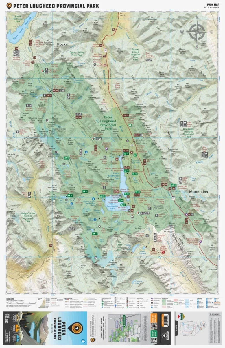 Peter Lougheed Provincial Park map showing trails, campgrounds, lakes, and mountain terrain.
