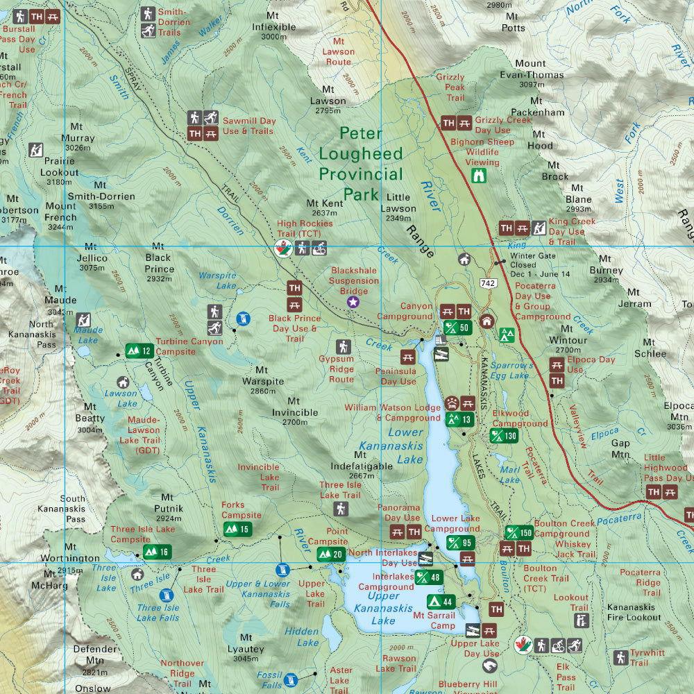 Peter Lougheed Provincial Park map showing trails, campgrounds, lakes, and mountain names.