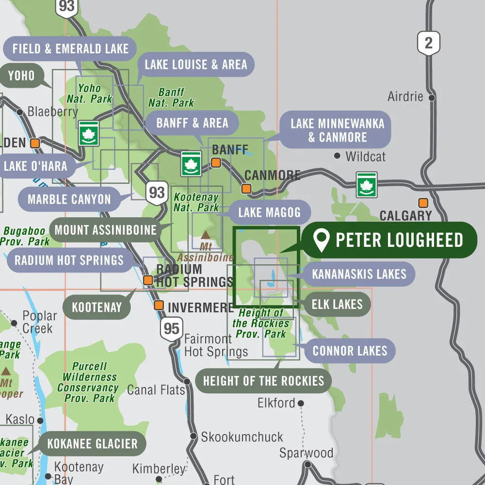Map highlighting Peter Lougheed Provincial Park Alberta near Kananaskis, Banff, and Calgary