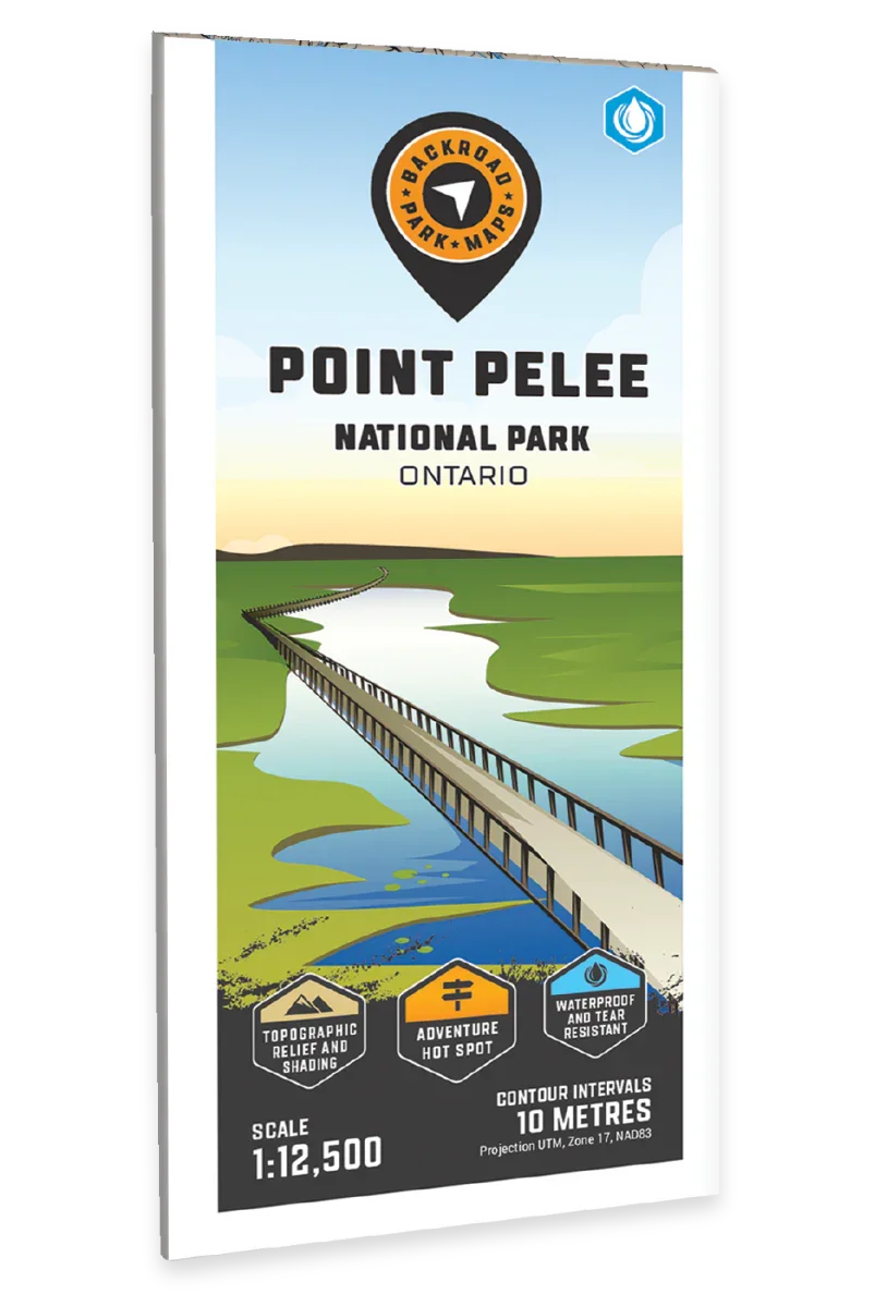 Point Pelee National Park Ontario map cover with boardwalk, wetlands, park features and branding.
