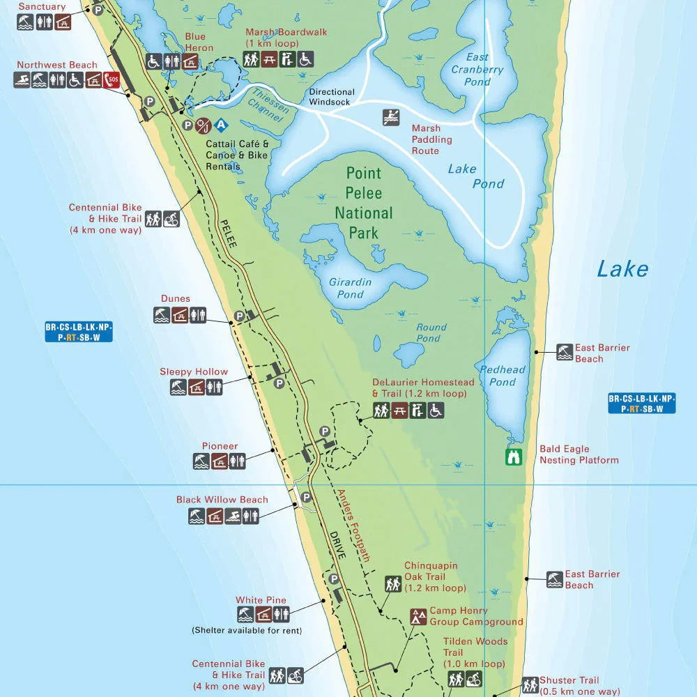 Point Pelee National Park map with beaches, trails, ponds, and campground locations in Ontario