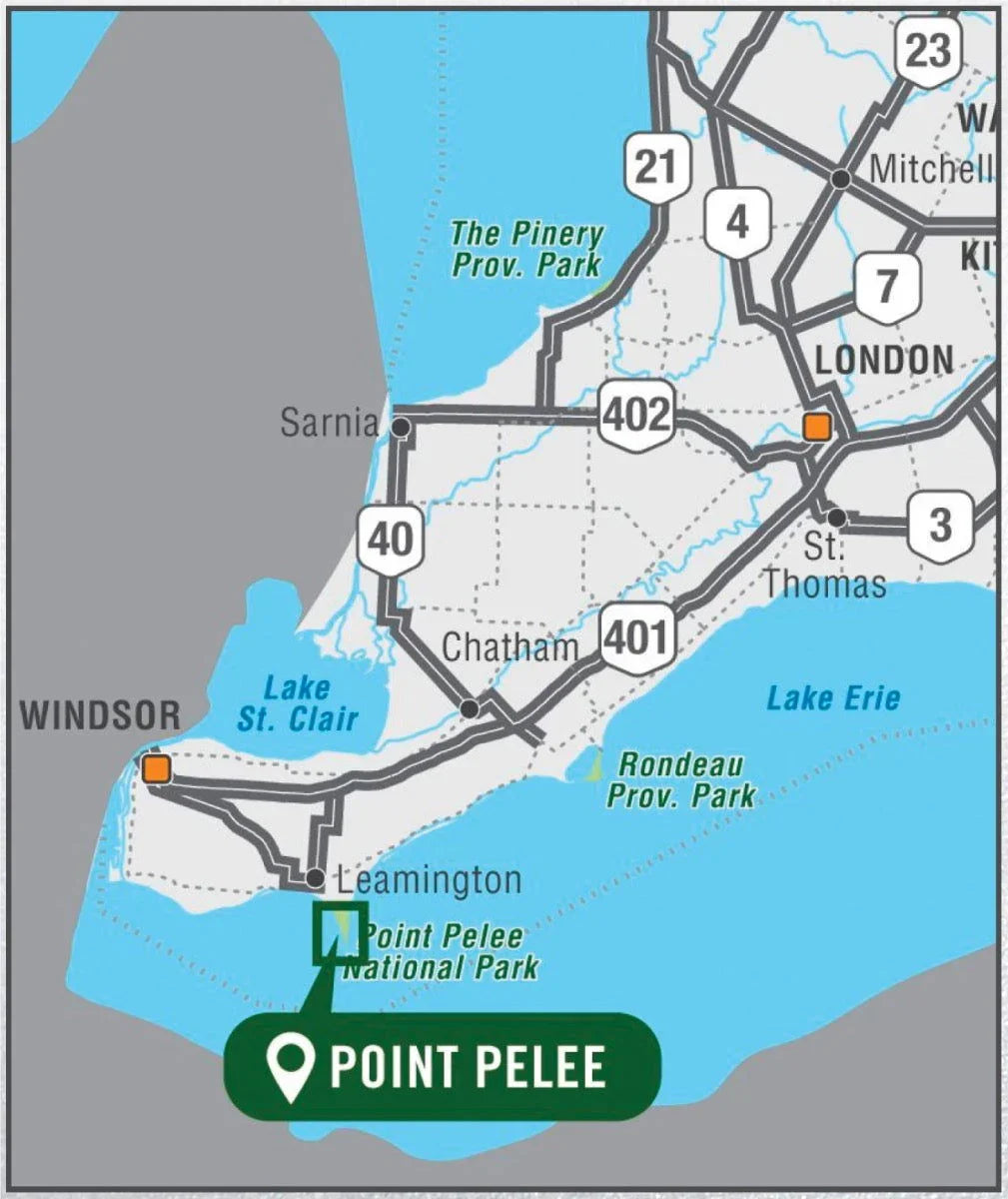 Map showing Point Pelee National Park location in Ontario near Leamington, Lake Erie.