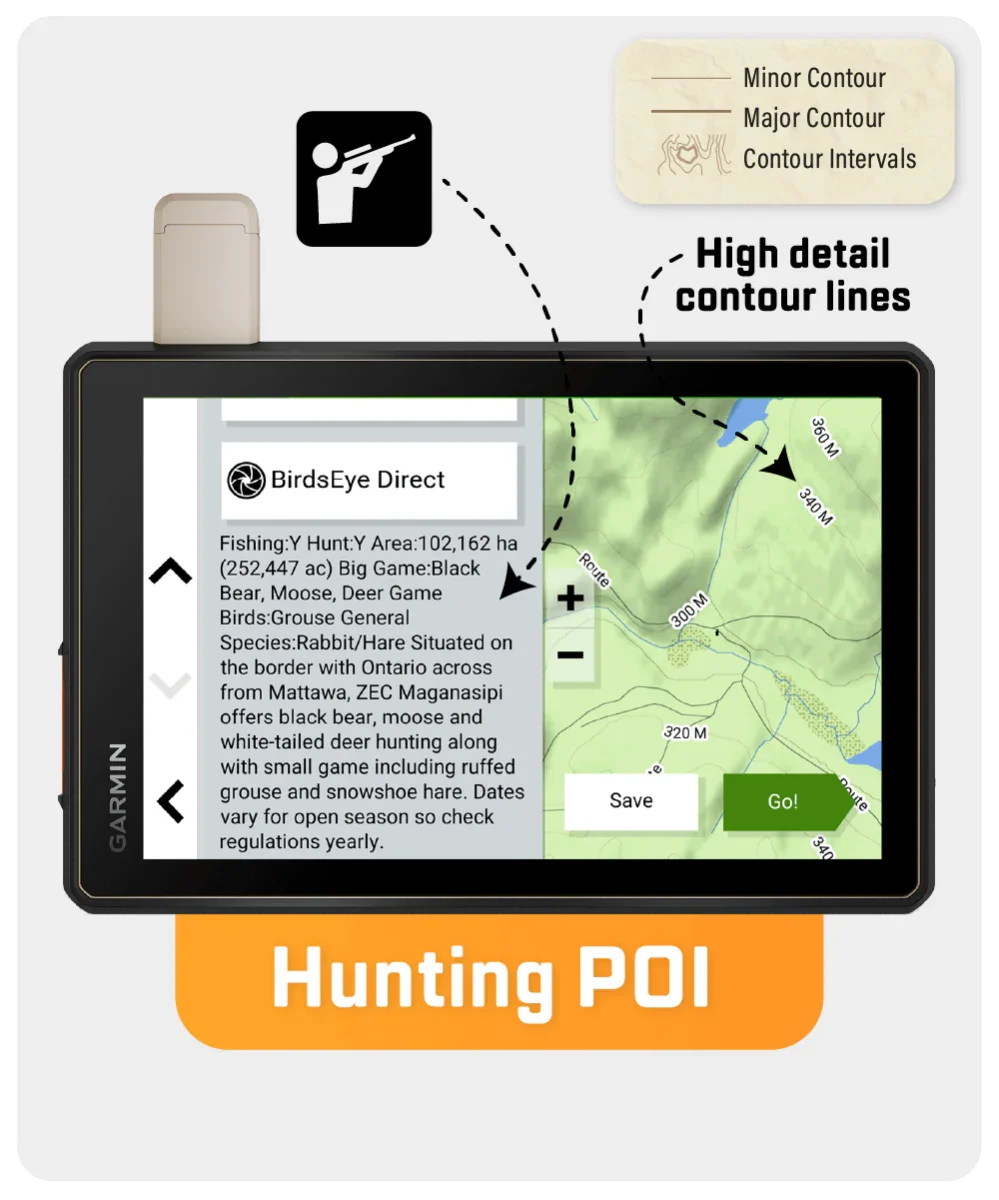 Quebec GPS hunting map on Garmin with high detail contour lines and hunting POI information