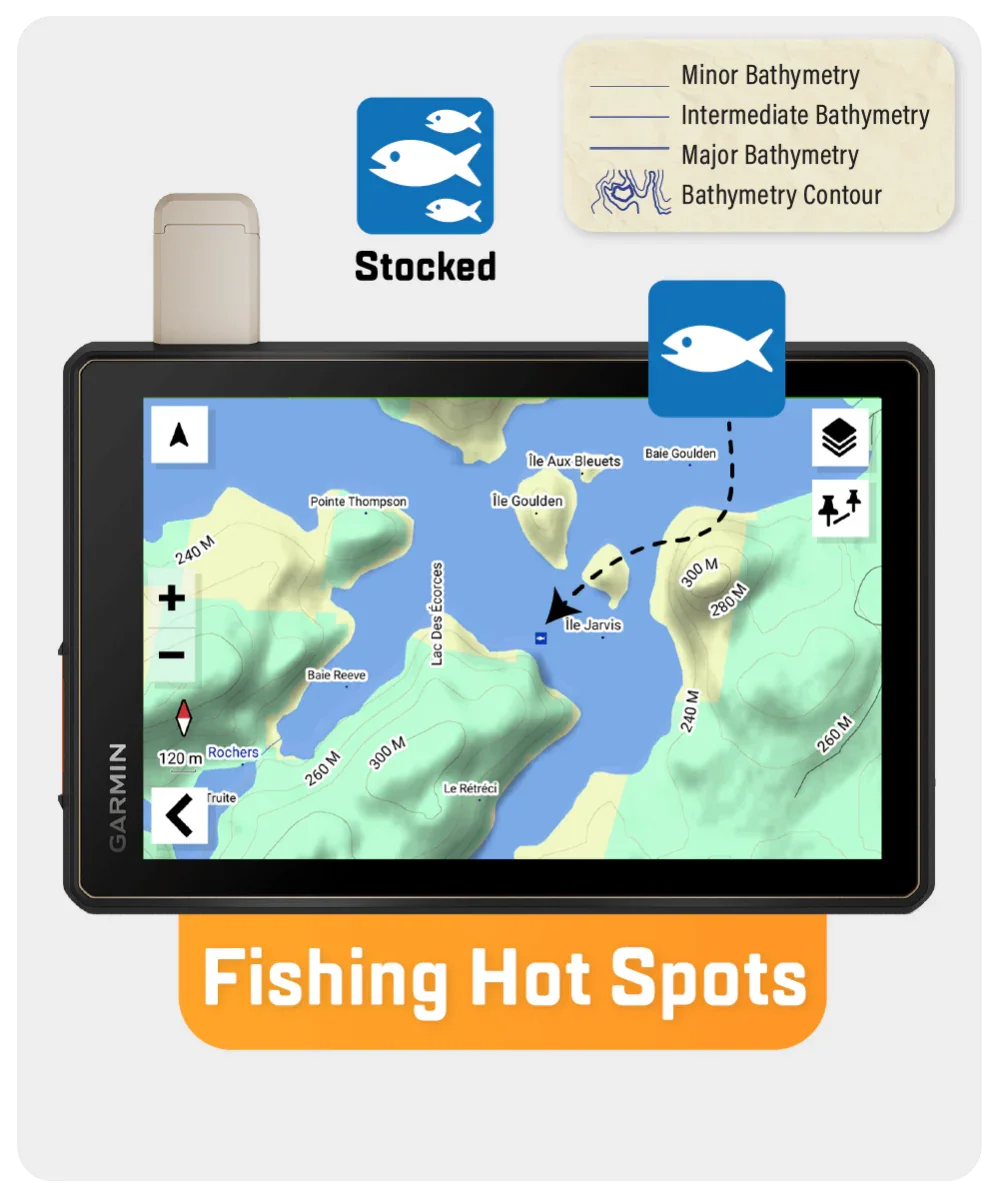 Garmin GPS displaying Quebec fishing hot spots map with stocked fish icons and bathymetry.