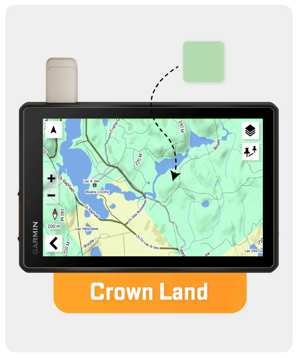 Garmin GPS displaying Quebec backroad map with Crown Land highlighted