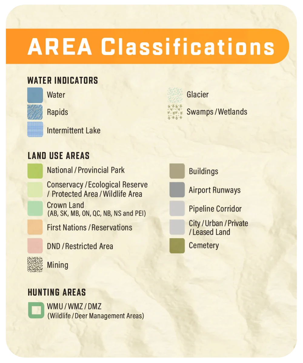 Quebec GPS map area classifications legend with symbols for water, land use, and hunting zones.