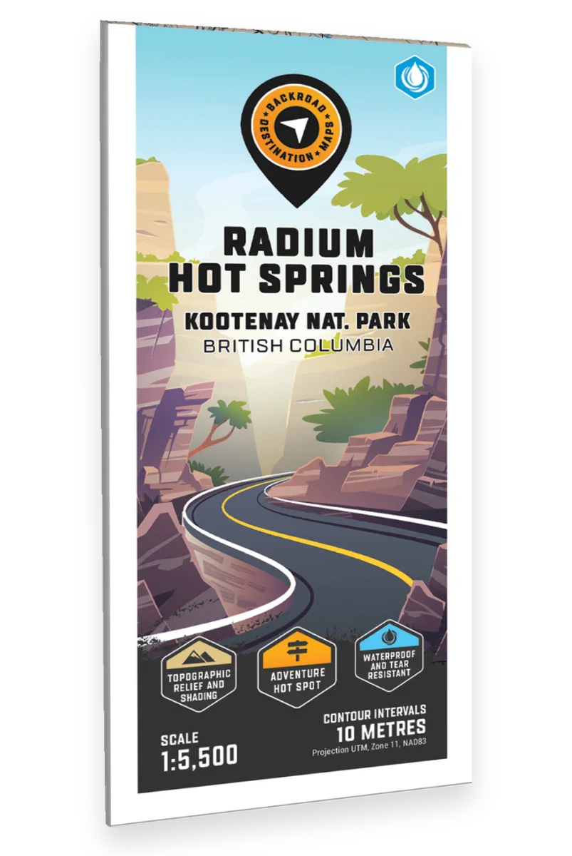 Radium Hot Springs Kootenay National Park BC map cover, winding road, rocky canyons, adventure map