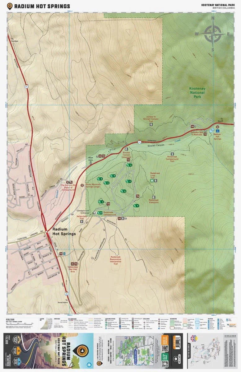 Radium Hot Springs map showing trails, campgrounds, and roads in Kootenay National Park BC