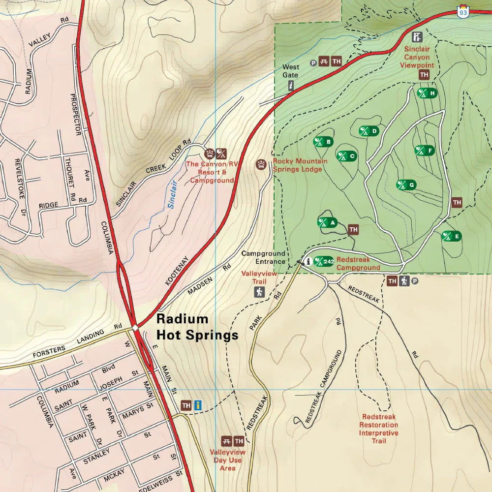 Radium Hot Springs map showing campgrounds, hiking trails, and Sinclair Canyon in Kootenay National Park.