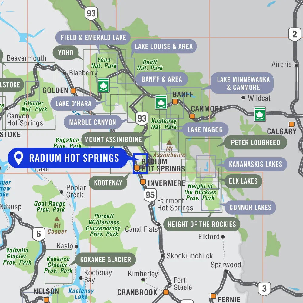 Map highlighting Radium Hot Springs in Kootenay National Park, British Columbia