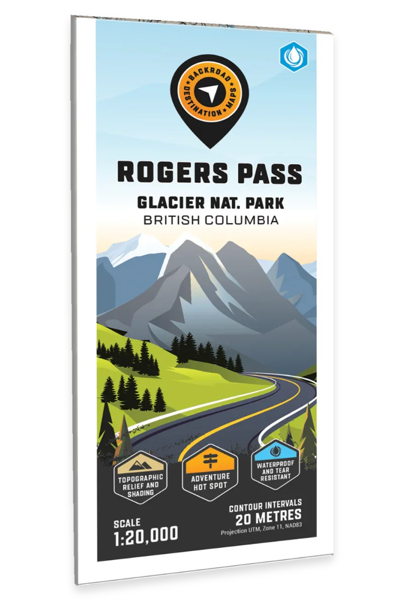 Rogers Pass Glacier National Park BC map cover with illustrated mountains and winding road