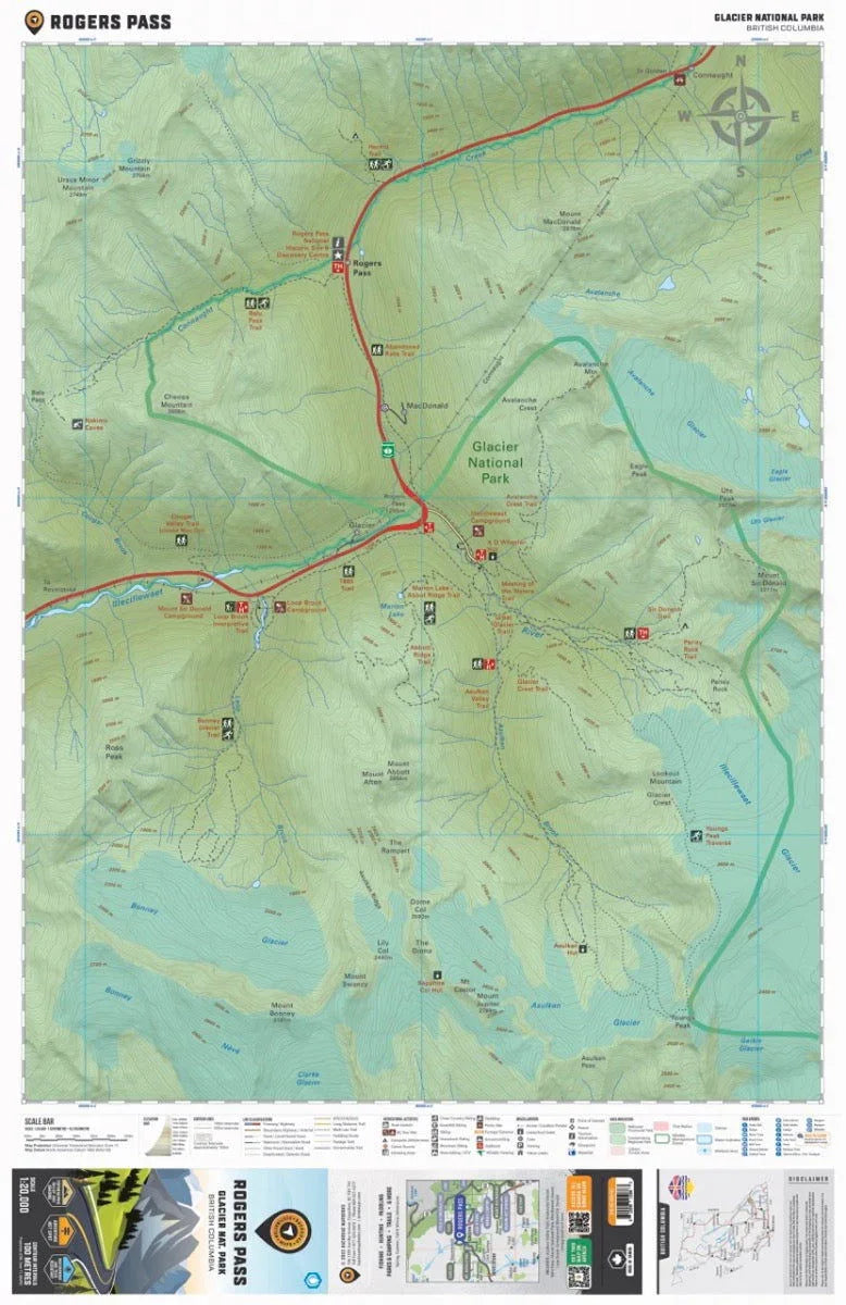 Rogers Pass map in Glacier National Park BC showing trails, roads and mountain terrain.