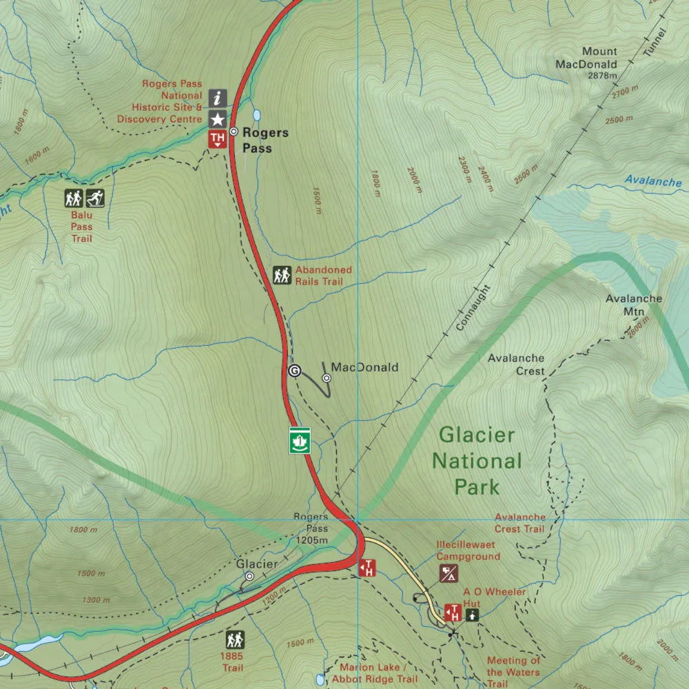 Map of Rogers Pass, Glacier National Park BC, showing trails, campsites, and landmarks.