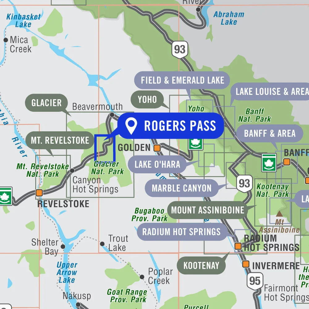 Map highlighting Rogers Pass in Glacier National Park BC with nearby parks and highways.