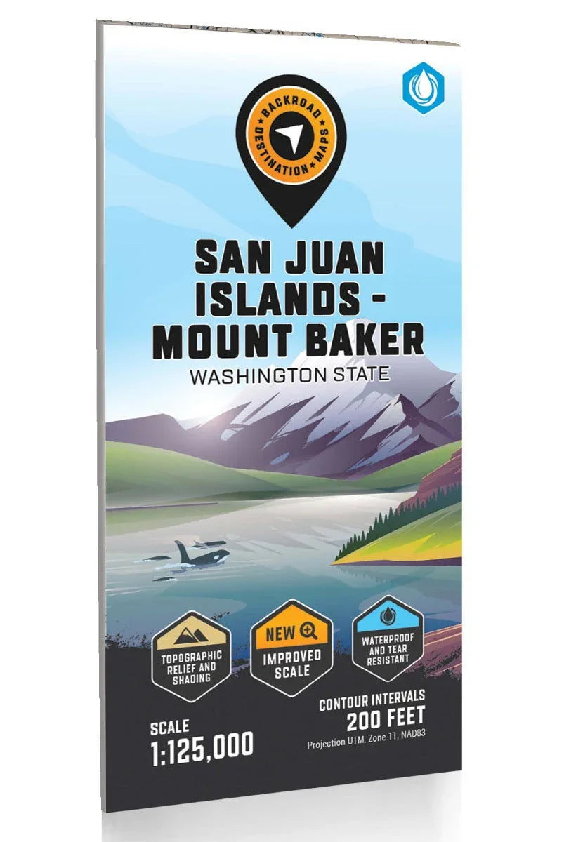 San Juan Islands Mount Baker Washington State map cover with mountain, water, and orca illustration