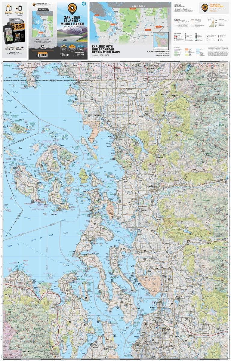 San Juan Islands and Mount Baker Washington state destination map with detailed topography