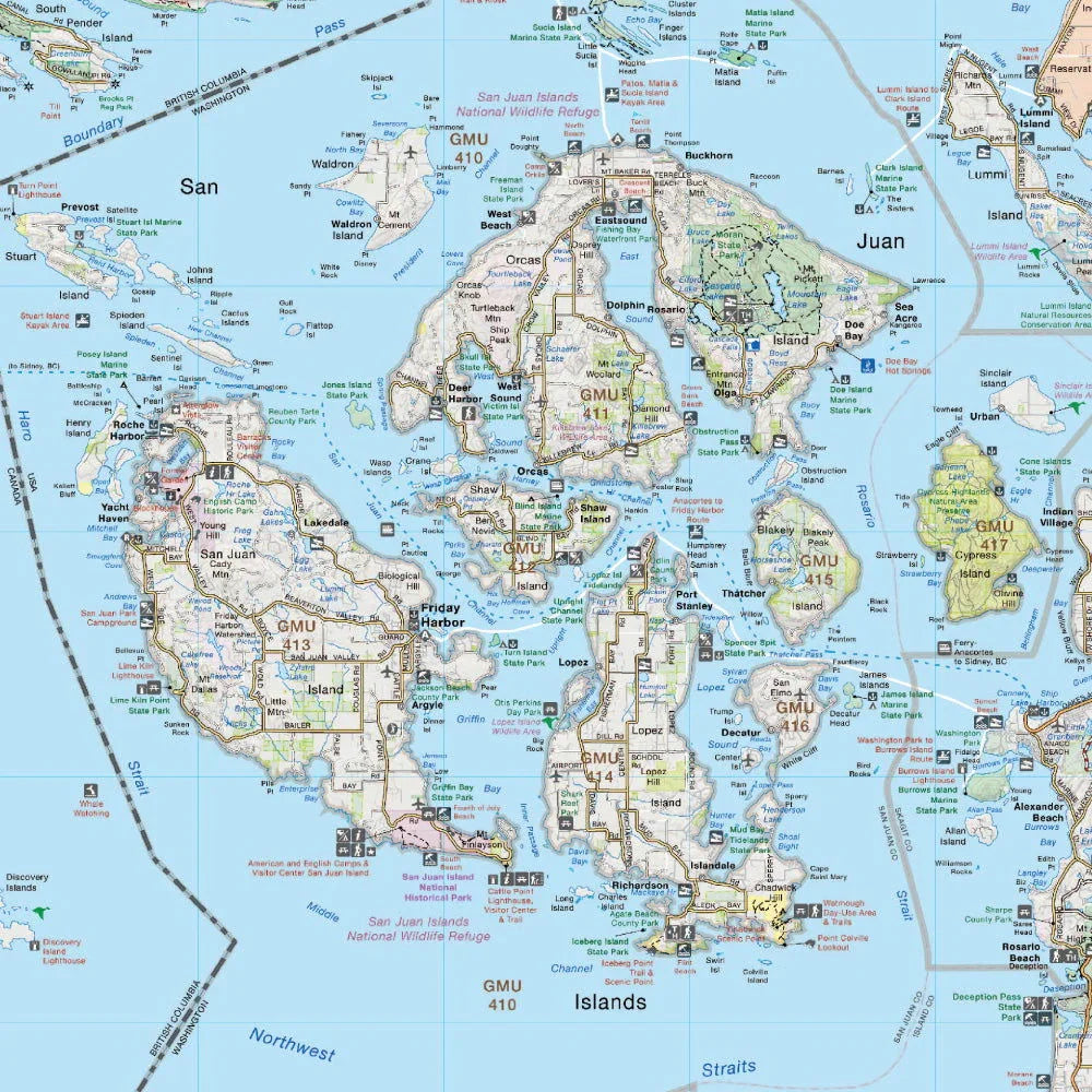 San Juan Islands map highlighting Mount Baker and Washington State region
