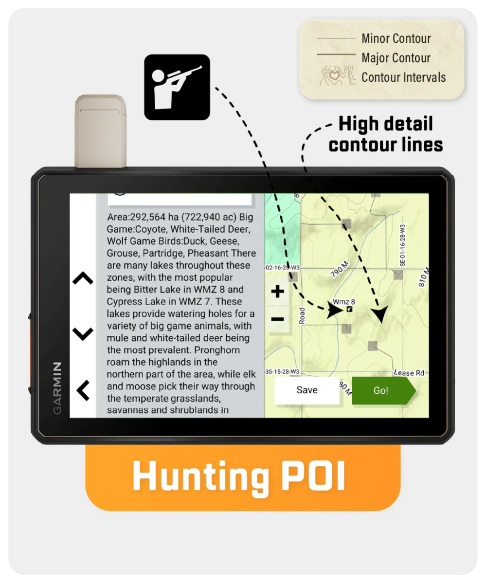 Garmin GPS screen showing Saskatchewan hunting map with high detail contour lines and hunting POI.