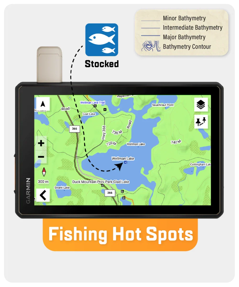 Garmin GPS showing Saskatchewan fishing hotspots map near Wellman Lake