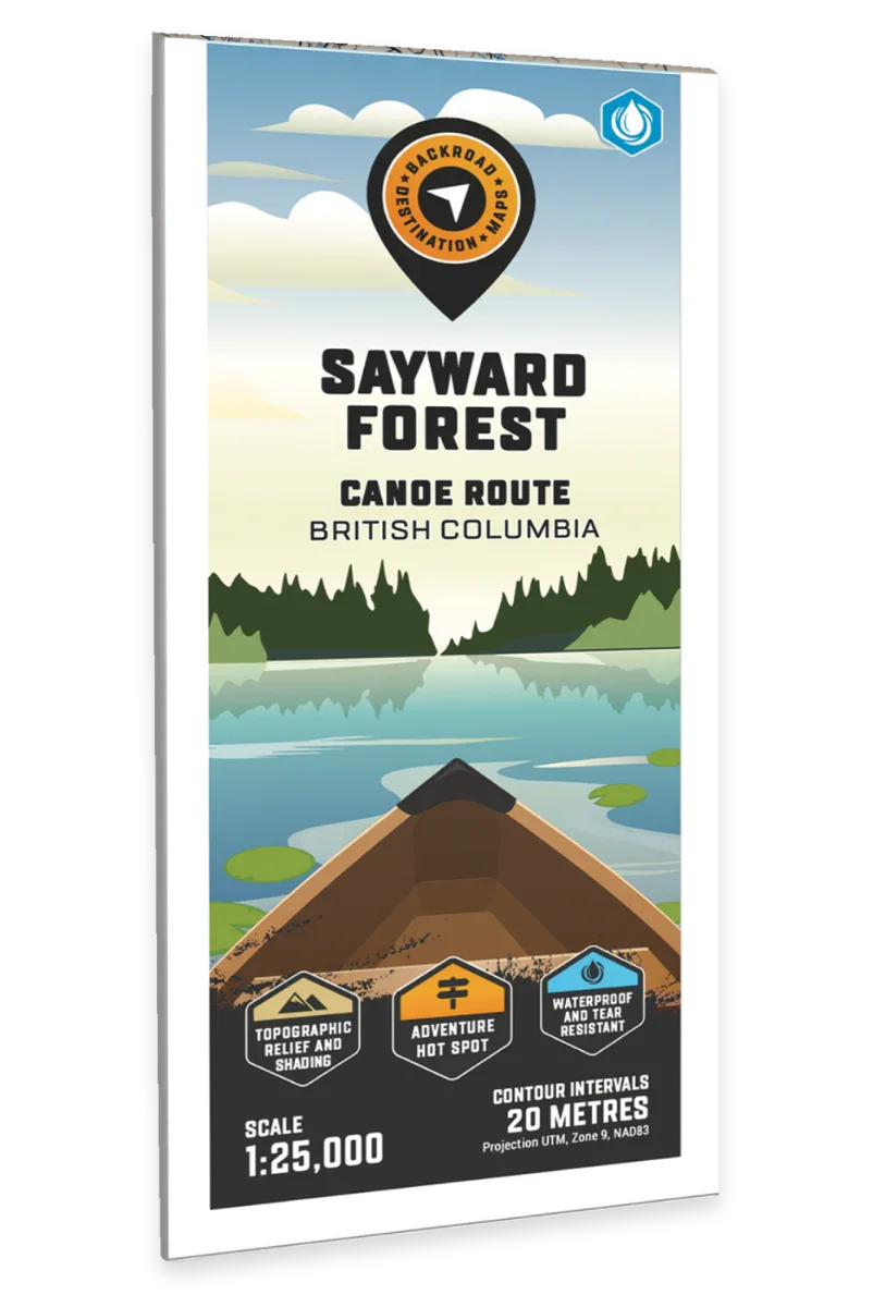 Sayward Forest Canoe Route map cover showing a canoe on a lake in British Columbia