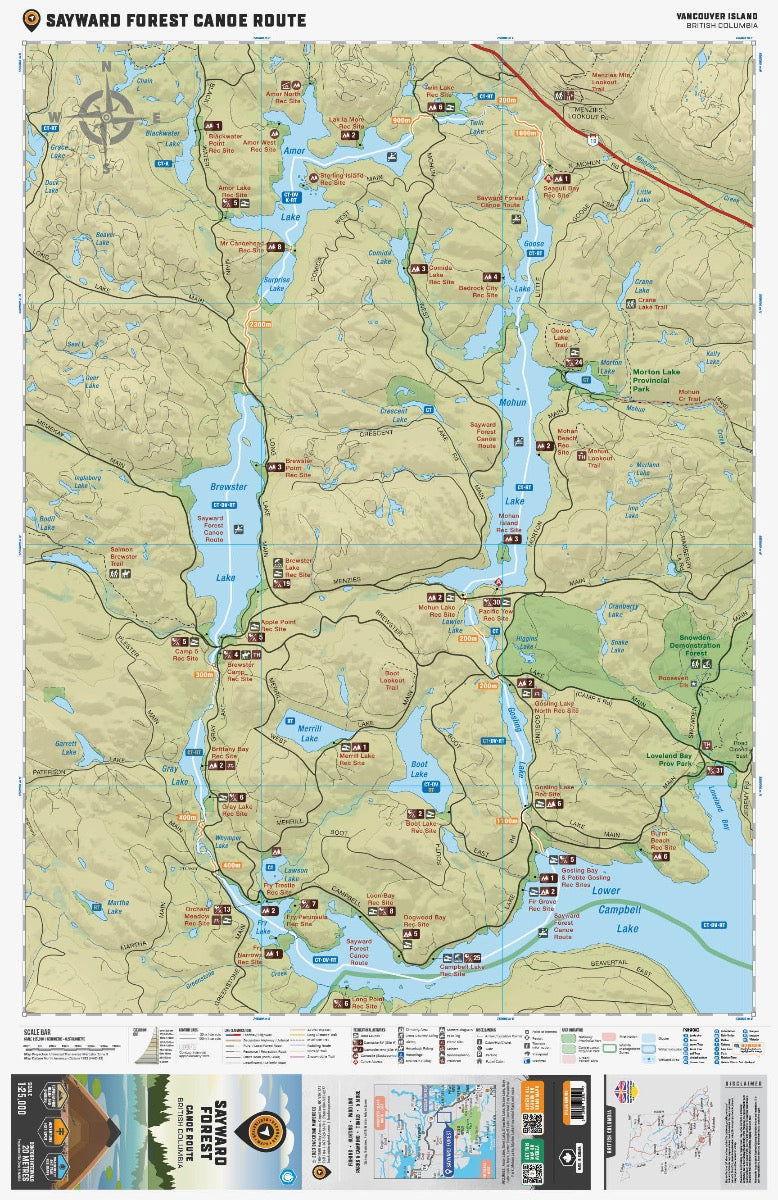 Sayward Forest Canoe Route map showing lakes, trails, campsites on Vancouver Island, BC