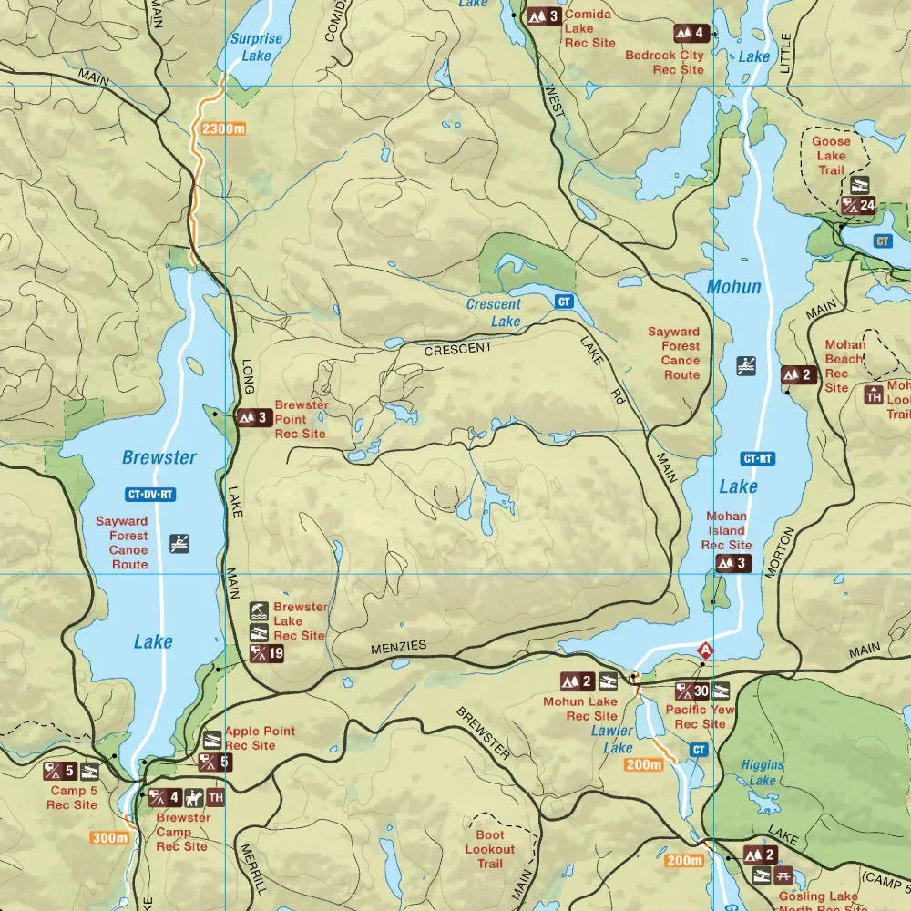 Sayward Forest Canoe Route map showing lakes, campsites, recreation sites, and trails in BC.