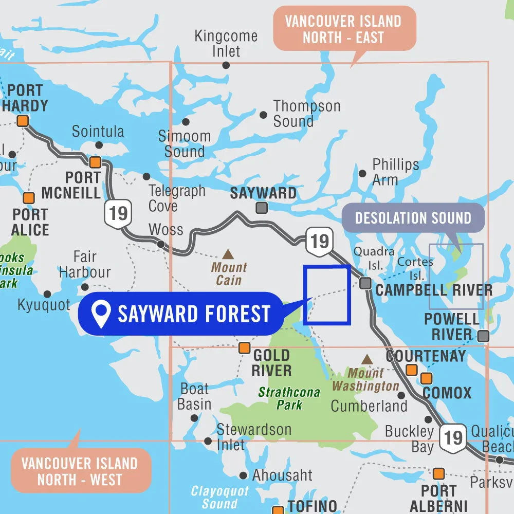 Sayward Forest Canoe Route map on Vancouver Island, highlighting Campbell River and major routes