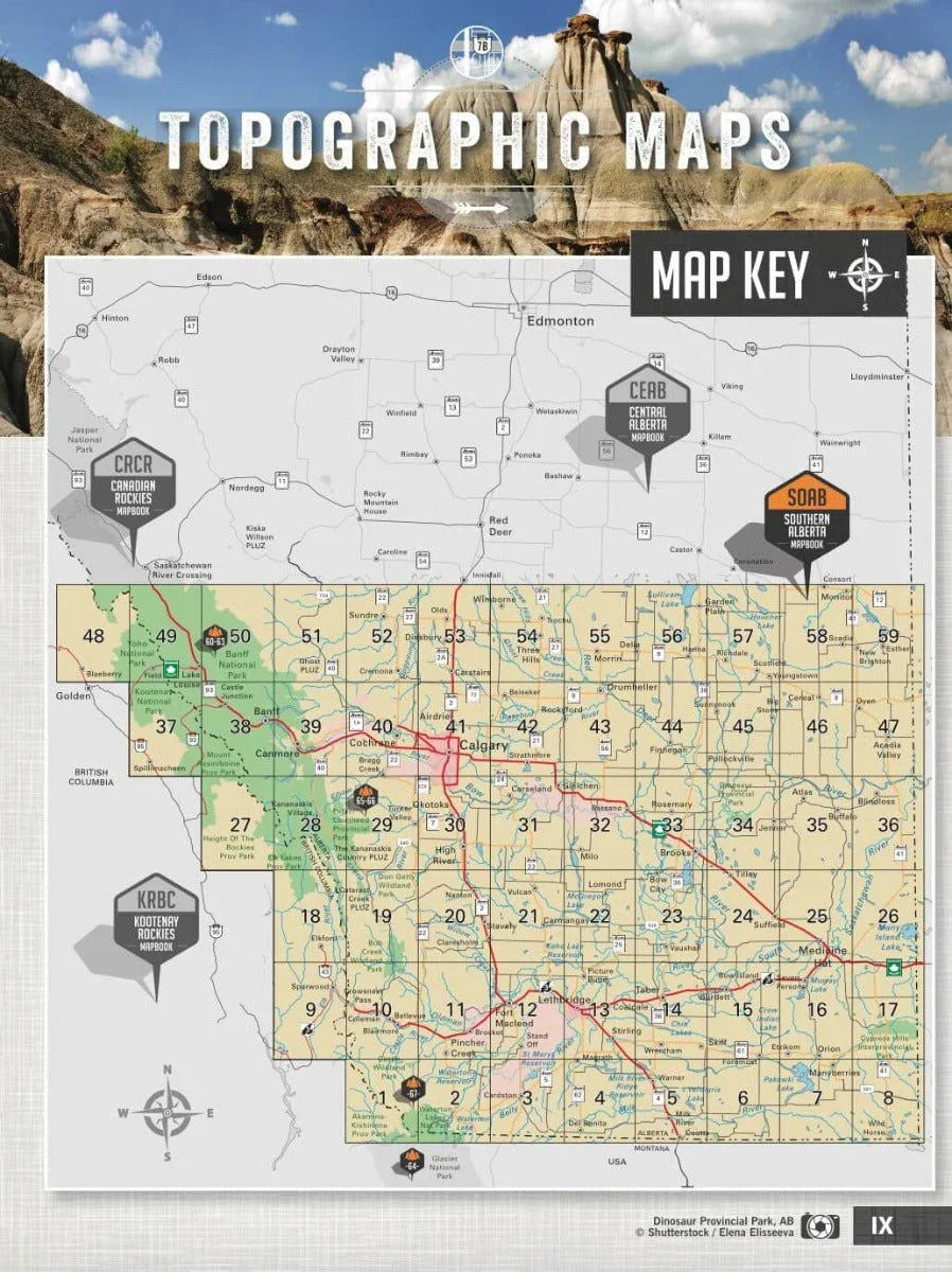 Southern Alberta backroad mapbook page showing detailed map grid, topographic routes, and map key.