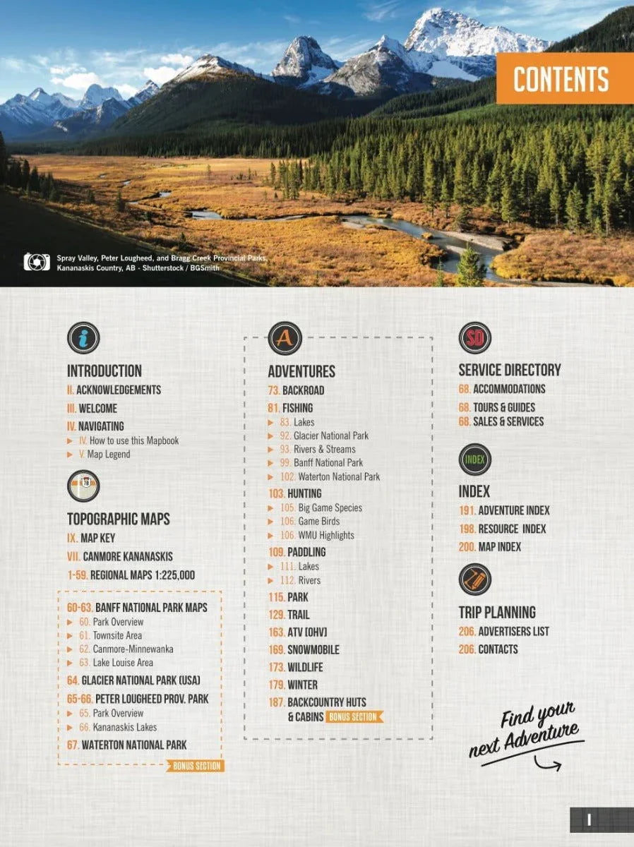 Southern Alberta Backroad Mapbook cover with mountain landscape, river, and contents list