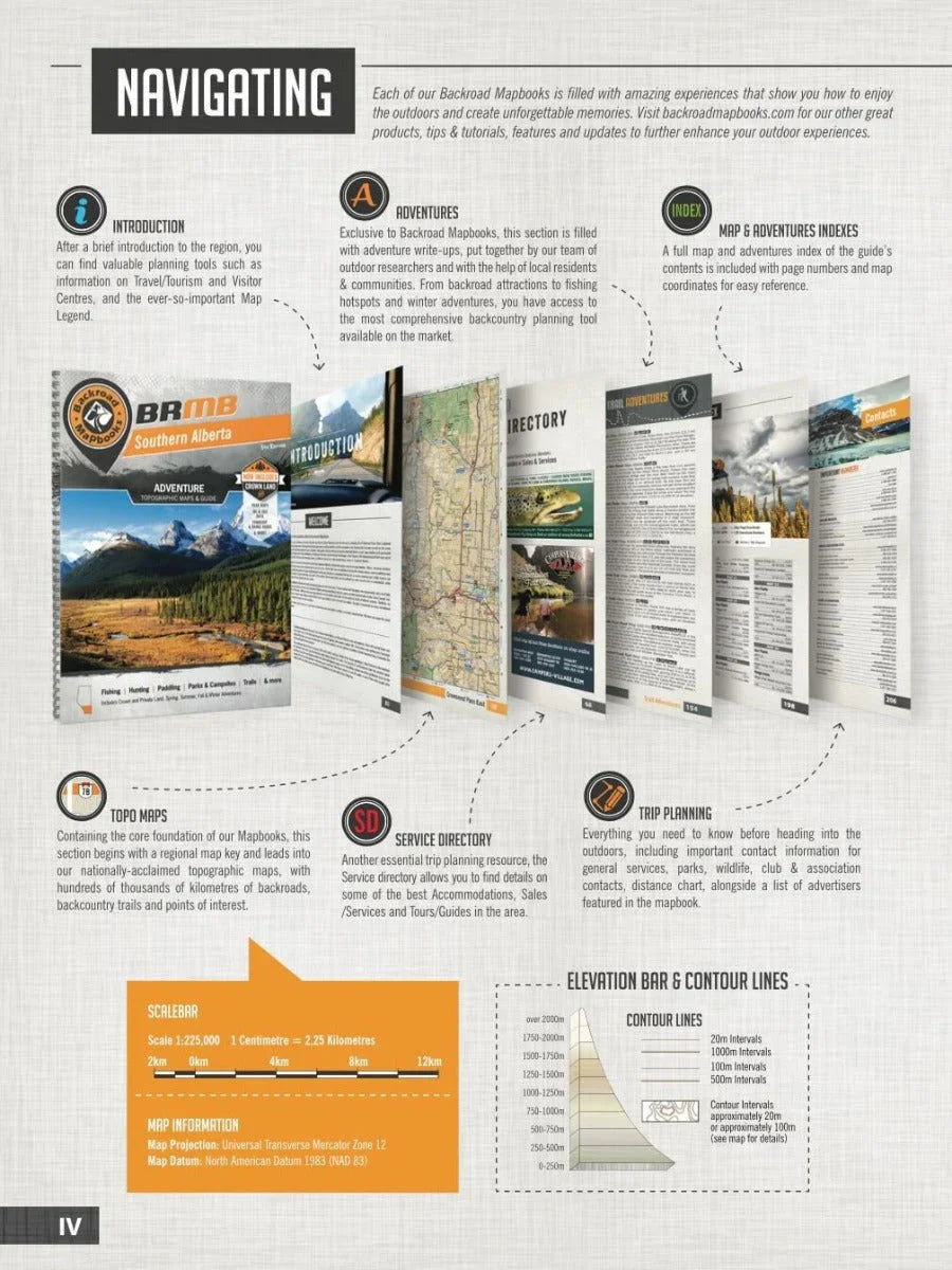 Southern Alberta Backroad Mapbook navigation guide with sectional map pages and topographic details