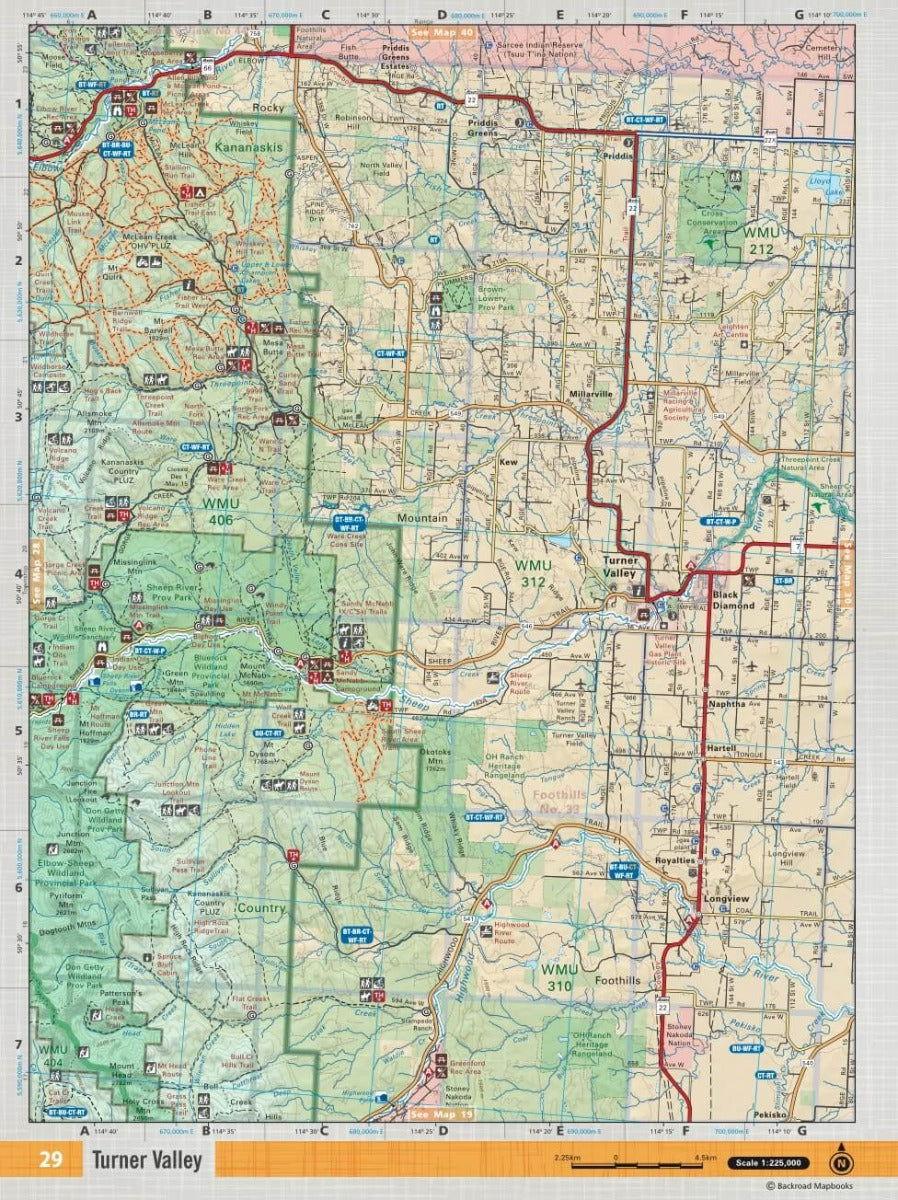Southern Alberta Backroad Mapbook page showing Turner Valley, roads, parks, and landmarks.