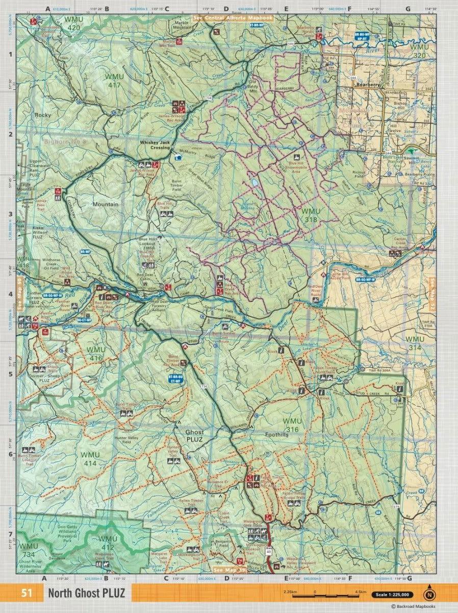 Southern Alberta Backroad Mapbook page showing North Ghost PLUZ, trails, roads, and landmarks.