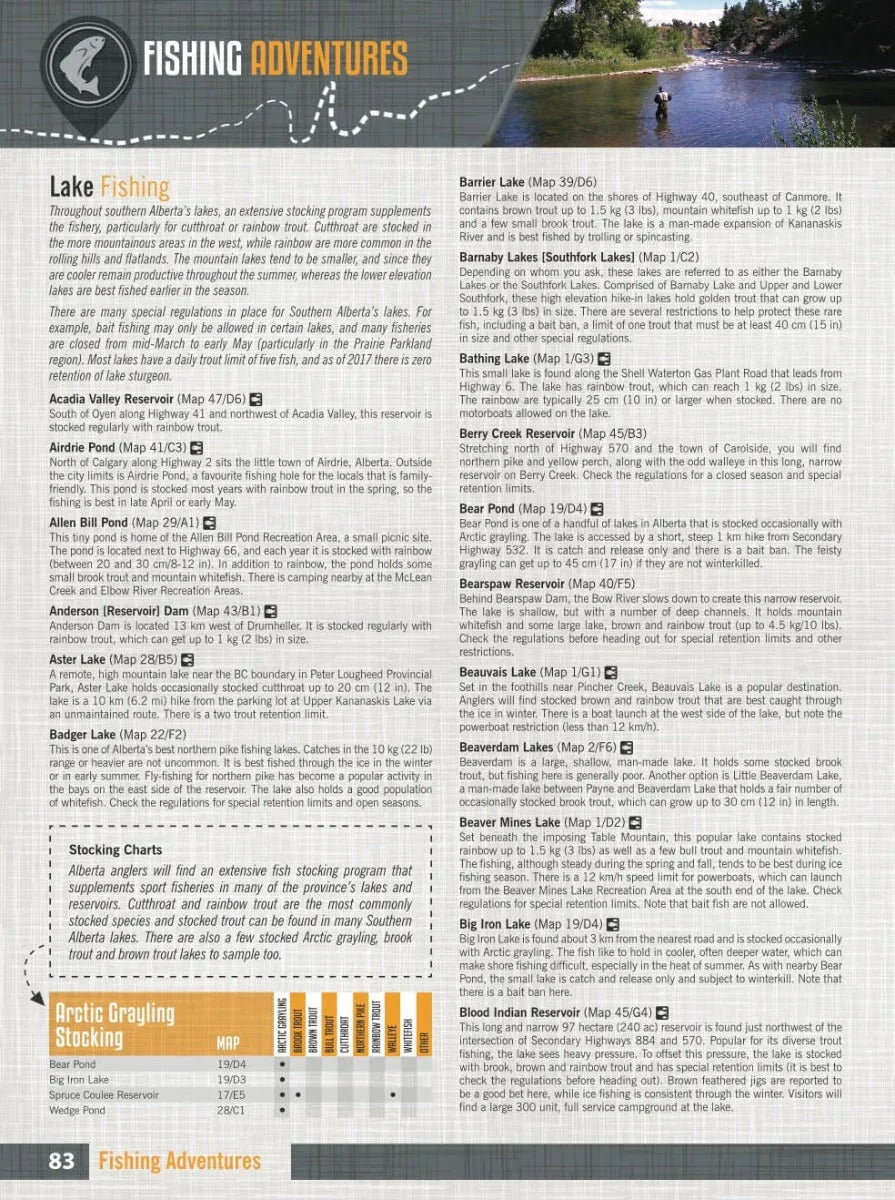 Southern Alberta Backroad Mapbook page about lake fishing spots, fishing adventures, and stocking charts
