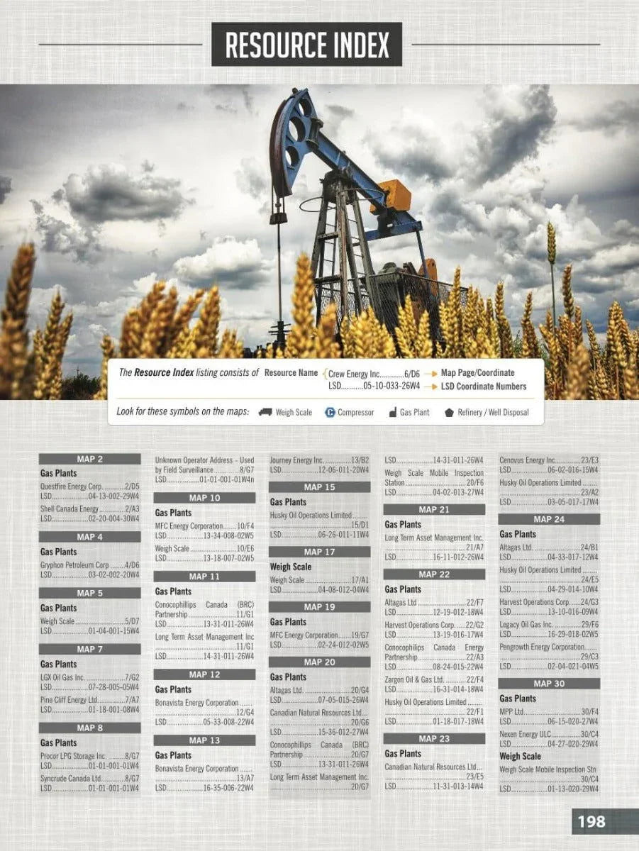 Southern Alberta resource index page with pumpjack in wheat field and map symbols